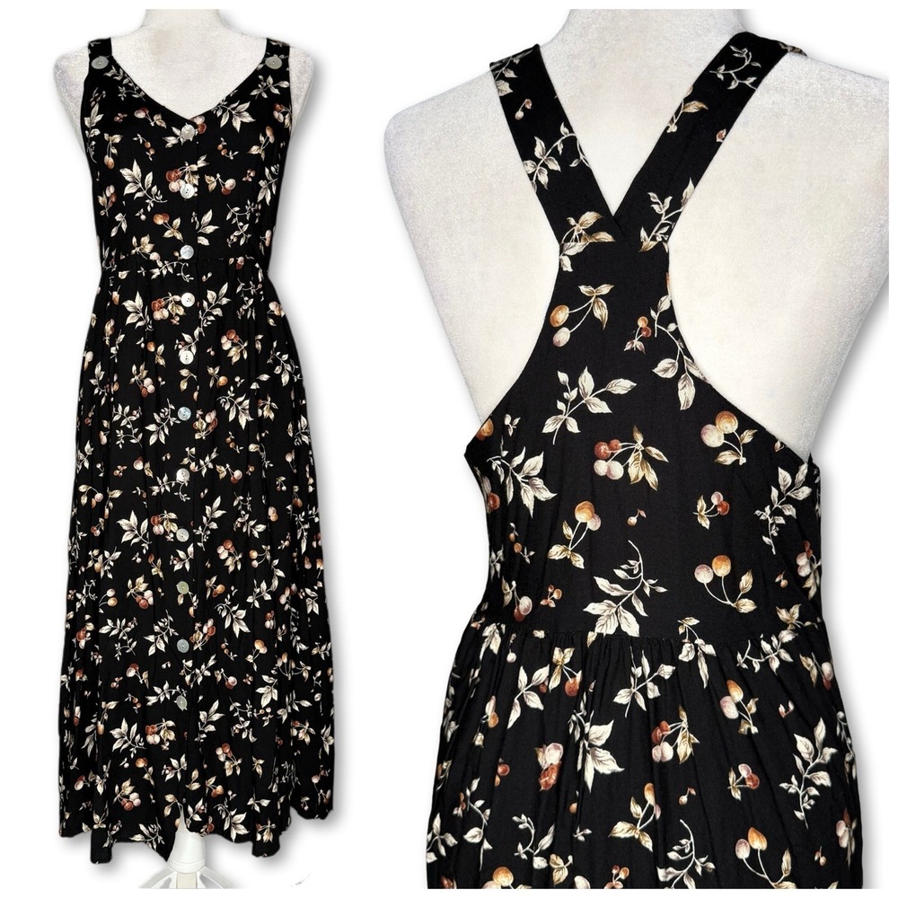 Vintage 90s Paquette Too! 12 Cherry Print Midi Dress Rayon Button Front USA Made